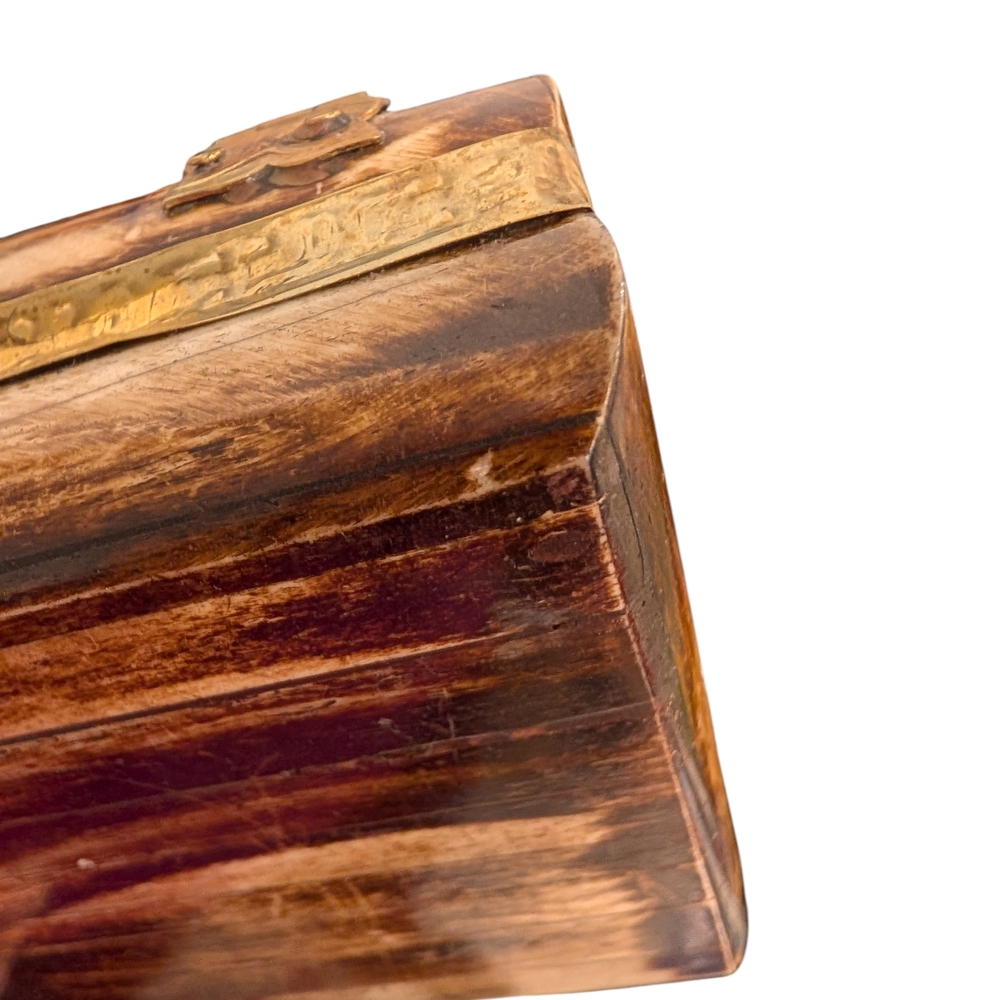 Vintage Trinket Box with Possible Camel Bone Inlay, Brass Fittings Purple Lining - Picture 12 of 13